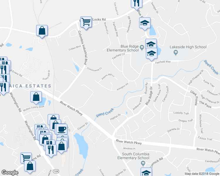 map of restaurants, bars, coffee shops, grocery stores, and more near 510 Arlington Court in Evans
