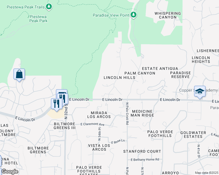 map of restaurants, bars, coffee shops, grocery stores, and more near 3500 East Lincoln Drive in Phoenix