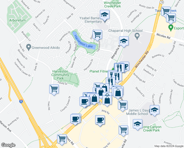 map of restaurants, bars, coffee shops, grocery stores, and more near 28910 Kennebunk Court in Temecula