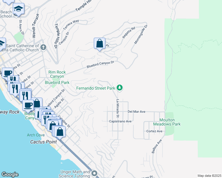 map of restaurants, bars, coffee shops, grocery stores, and more near 1105 Summit Drive in Laguna Beach