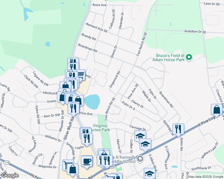 map of restaurants, bars, coffee shops, grocery stores, and more near 172 Dogwood Road in Aiken