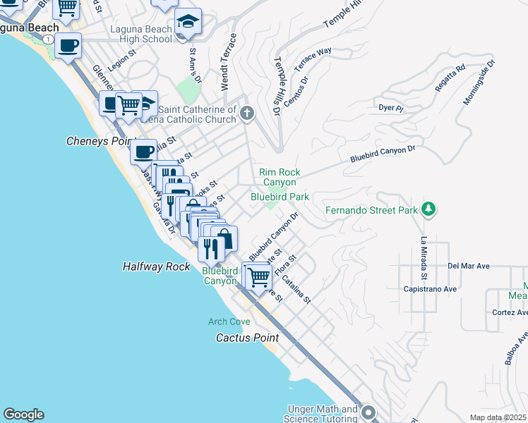 map of restaurants, bars, coffee shops, grocery stores, and more near 577 Calliope Street in Laguna Beach