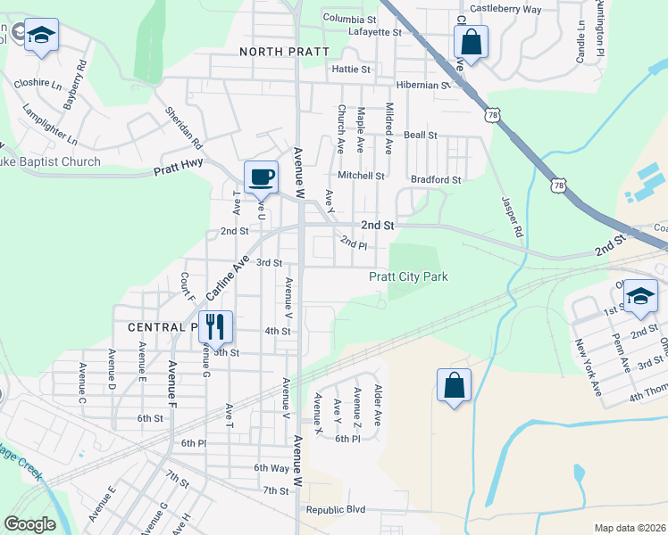 map of restaurants, bars, coffee shops, grocery stores, and more near 1199 3rd Street in Birmingham
