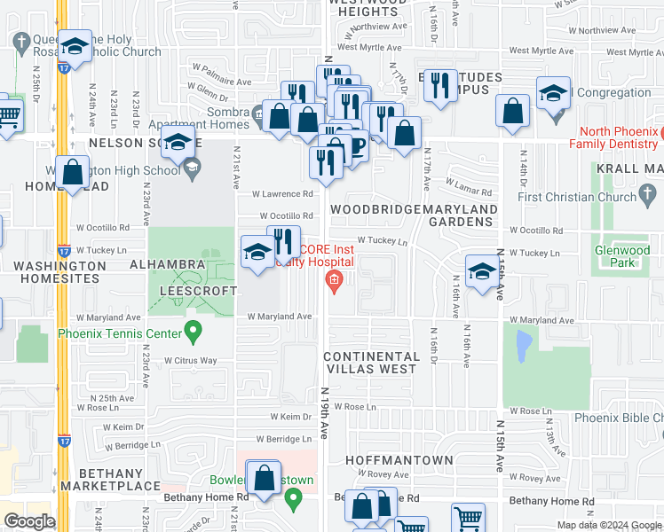 map of restaurants, bars, coffee shops, grocery stores, and more near 6605 North 19th Avenue in Phoenix