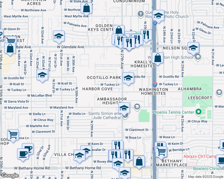 map of restaurants, bars, coffee shops, grocery stores, and more near 2748 West Tuckey Lane in Phoenix