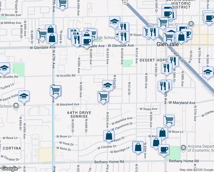 map of restaurants, bars, coffee shops, grocery stores, and more near 6630 North 63rd Avenue in Glendale