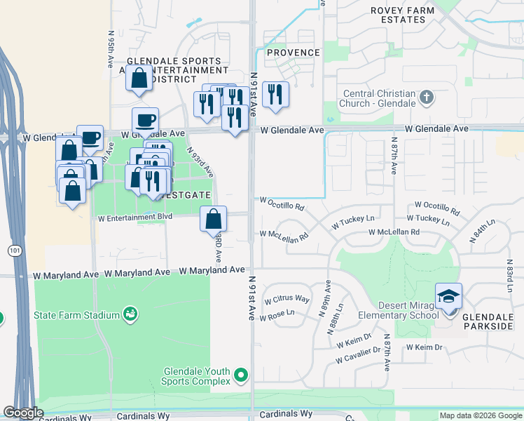 map of restaurants, bars, coffee shops, grocery stores, and more near 8967 West Ocotillo Road in Glendale