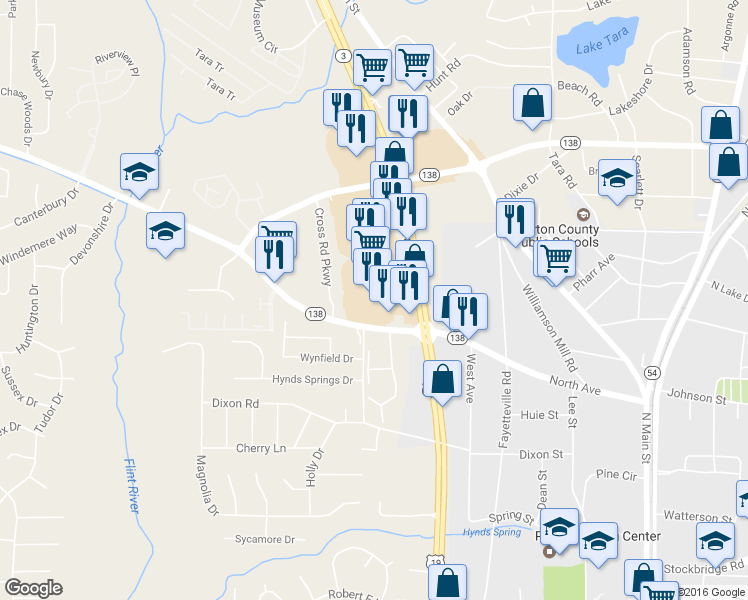 map of restaurants, bars, coffee shops, grocery stores, and more near 8103 Tara Boulevard in Jonesboro