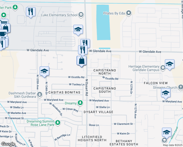 map of restaurants, bars, coffee shops, grocery stores, and more near 6910 North 130th Lane in Glendale