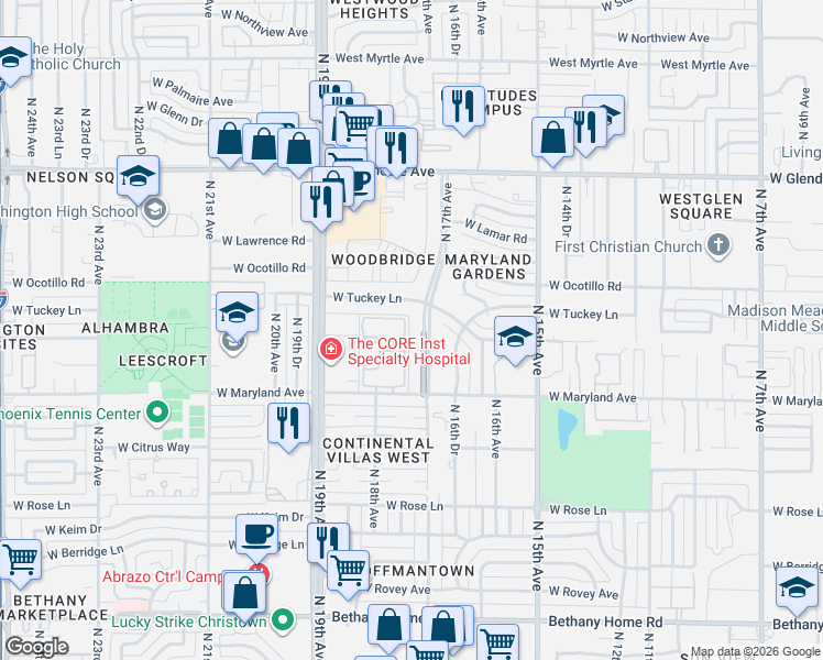 map of restaurants, bars, coffee shops, grocery stores, and more near 1701 West Tuckey Lane in Phoenix