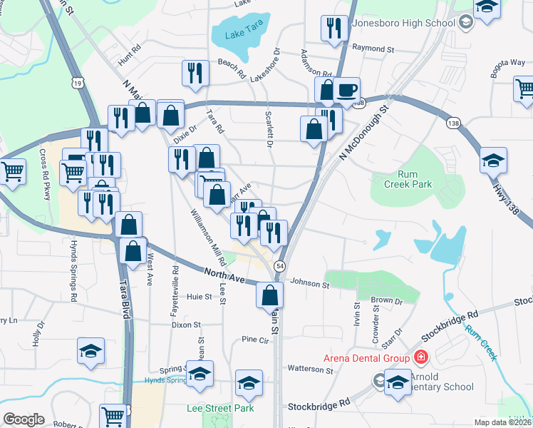 map of restaurants, bars, coffee shops, grocery stores, and more near 106 Gloria Drive in Jonesboro
