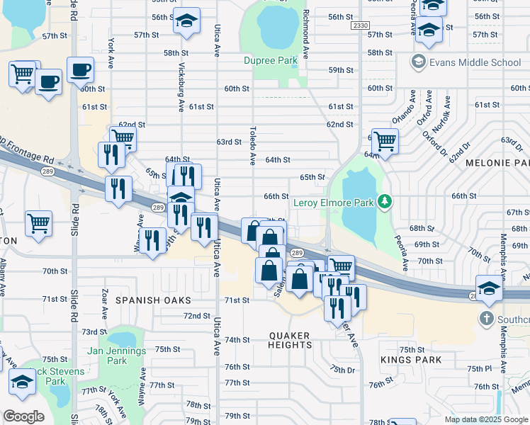 map of restaurants, bars, coffee shops, grocery stores, and more near 4616 67th Street in Lubbock