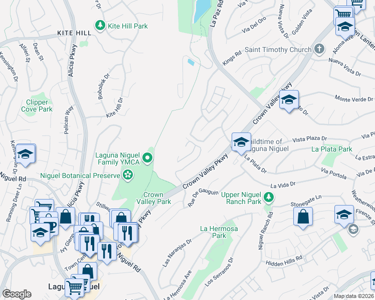 map of restaurants, bars, coffee shops, grocery stores, and more near 24342 Park Place Drive in Laguna Niguel