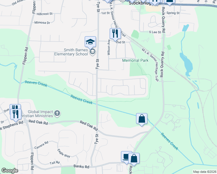 map of restaurants, bars, coffee shops, grocery stores, and more near 410 Sunny Field Court in Stockbridge
