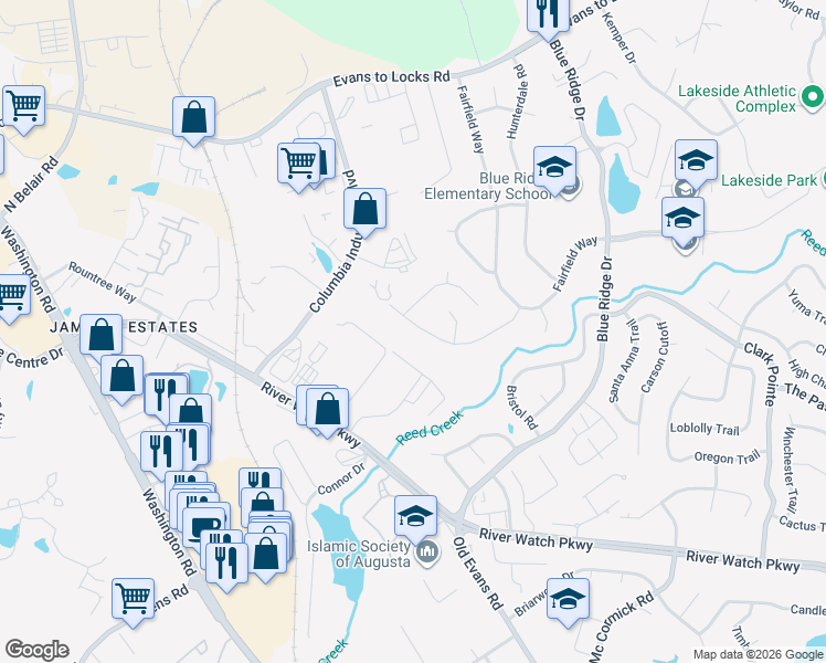 map of restaurants, bars, coffee shops, grocery stores, and more near 4180 Arlington Road in Evans