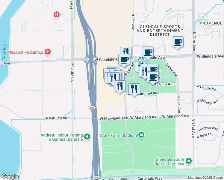 map of restaurants, bars, coffee shops, grocery stores, and more near 6800 North 95th Avenue in Glendale