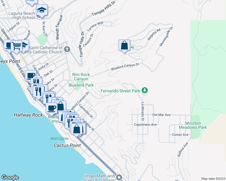 map of restaurants, bars, coffee shops, grocery stores, and more near 862 Summit Drive in Laguna Beach