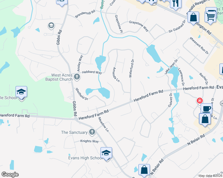 map of restaurants, bars, coffee shops, grocery stores, and more near 4494 Amanda Lane in Evans