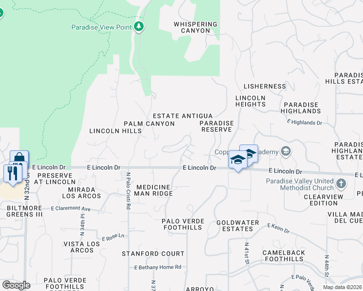 map of restaurants, bars, coffee shops, grocery stores, and more near 3800 East Lincoln Drive in Phoenix
