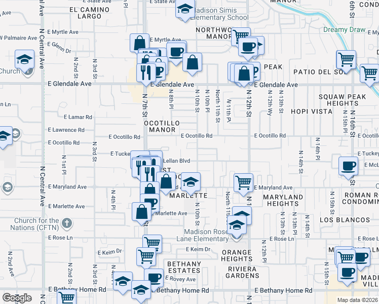map of restaurants, bars, coffee shops, grocery stores, and more near 906 East Tuckey Lane in Phoenix