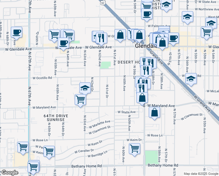 map of restaurants, bars, coffee shops, grocery stores, and more near 6622 North 61st Avenue in Glendale