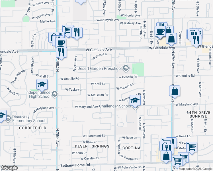 map of restaurants, bars, coffee shops, grocery stores, and more near 7130 West Krall Street in Glendale