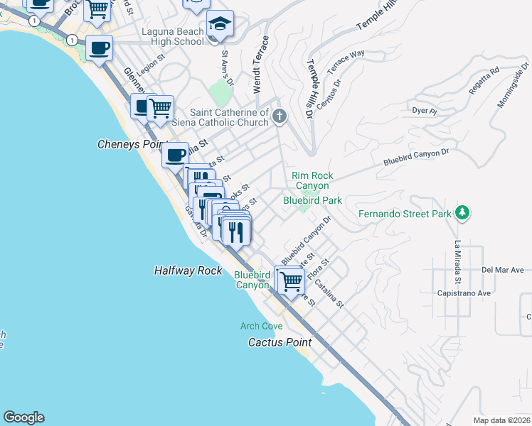 map of restaurants, bars, coffee shops, grocery stores, and more near 500 Mountain Road in Laguna Beach