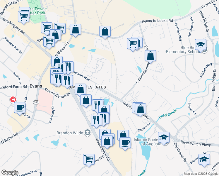 map of restaurants, bars, coffee shops, grocery stores, and more near 516 Rountree Way in Evans