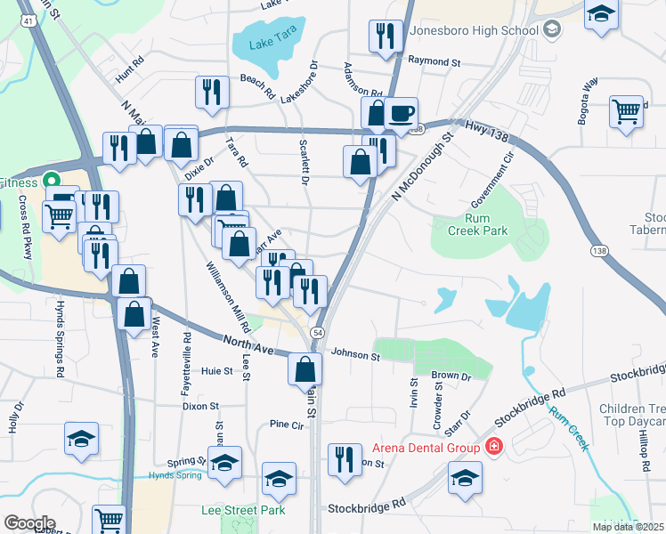 map of restaurants, bars, coffee shops, grocery stores, and more near 102 West Mimosa Drive in Jonesboro