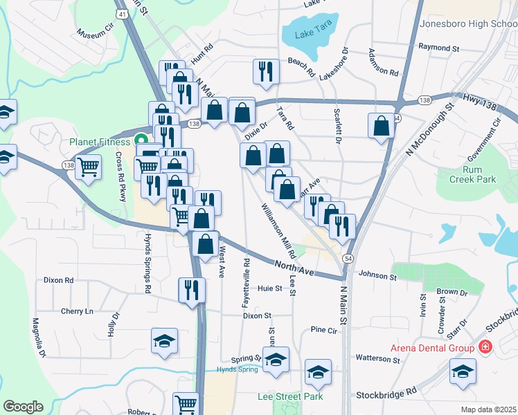 map of restaurants, bars, coffee shops, grocery stores, and more near 622 Fayetteville Road in Jonesboro