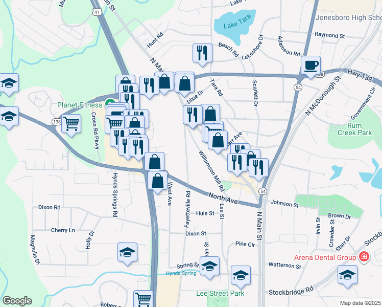 map of restaurants, bars, coffee shops, grocery stores, and more near 622 Fayetteville Road in Jonesboro
