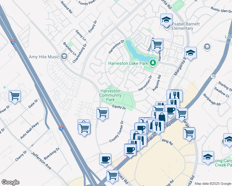 map of restaurants, bars, coffee shops, grocery stores, and more near 28582 Harveston Drive in Temecula