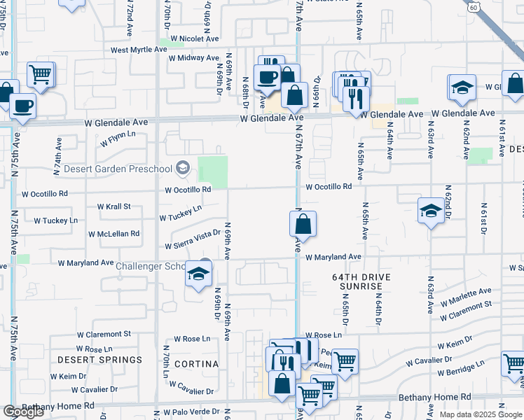 map of restaurants, bars, coffee shops, grocery stores, and more near 6504 North 67th Avenue in Glendale