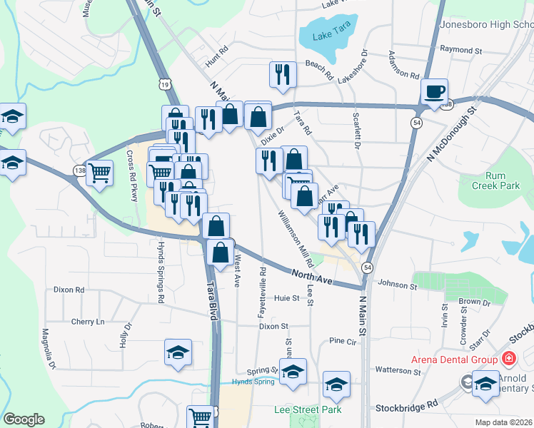 map of restaurants, bars, coffee shops, grocery stores, and more near 622 Fayetteville Road in Jonesboro