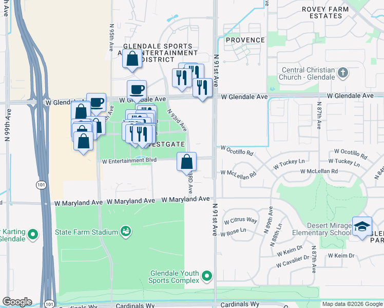 map of restaurants, bars, coffee shops, grocery stores, and more near 6745 North 93RD Avenue in Glendale