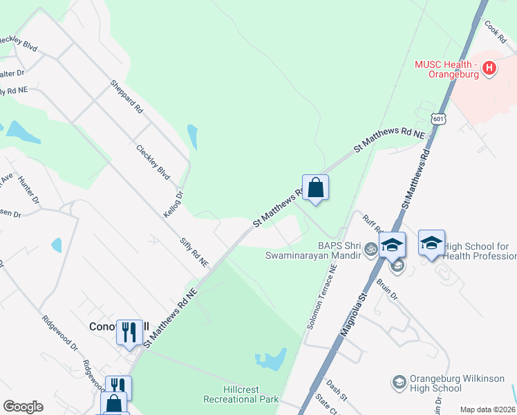 map of restaurants, bars, coffee shops, grocery stores, and more near 2565 Saint Matthews Road Northeast in Orangeburg