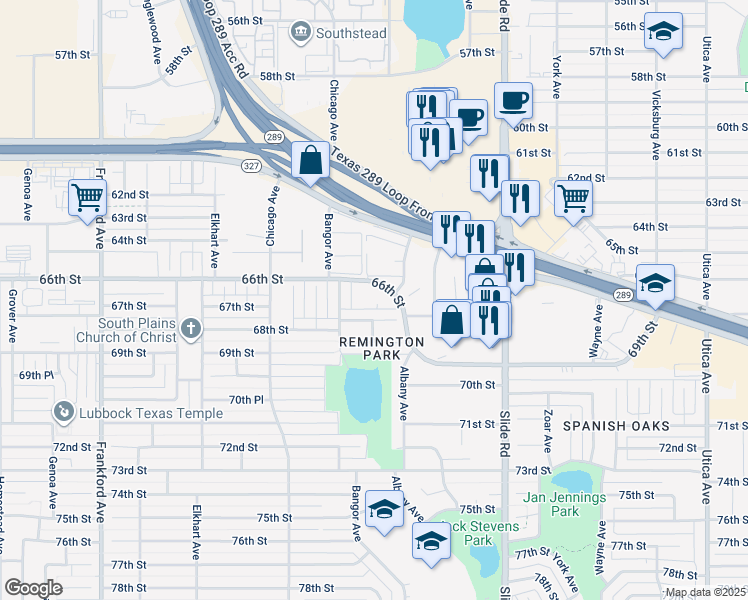 map of restaurants, bars, coffee shops, grocery stores, and more near 5301 66th Street in Lubbock