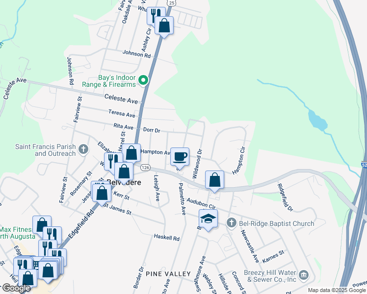 map of restaurants, bars, coffee shops, grocery stores, and more near Spring Drive in North Augusta