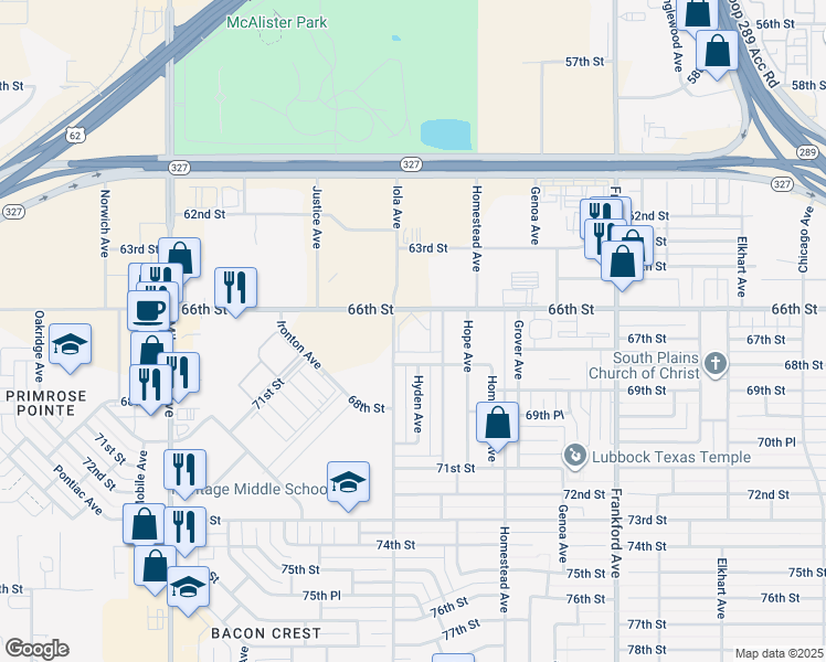 map of restaurants, bars, coffee shops, grocery stores, and more near 6601 Iola Avenue in Lubbock