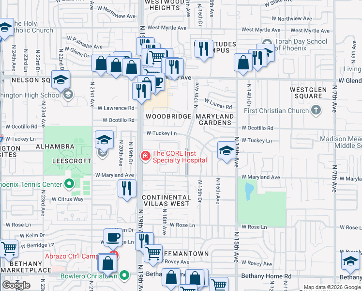 map of restaurants, bars, coffee shops, grocery stores, and more near 1701 West Tuckey Lane in Phoenix