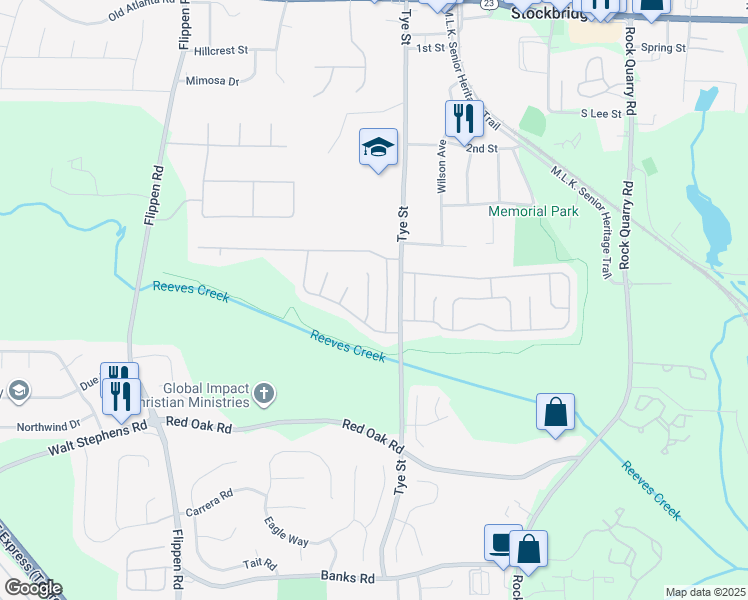 map of restaurants, bars, coffee shops, grocery stores, and more near 413 Tina Hely Court in Stockbridge