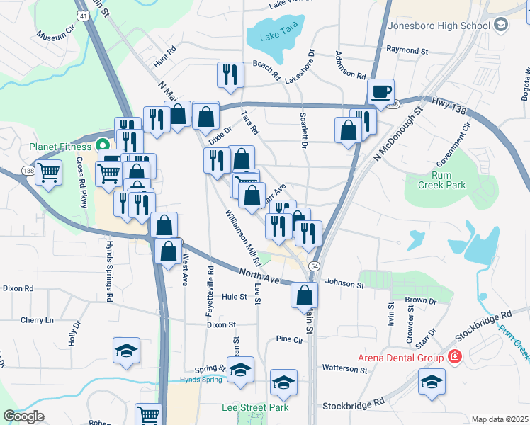 map of restaurants, bars, coffee shops, grocery stores, and more near 274 North Main Street in Jonesboro
