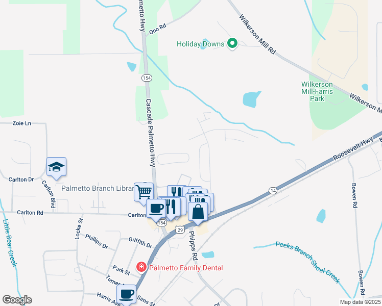 map of restaurants, bars, coffee shops, grocery stores, and more near 595 Magnolia Circle in Palmetto