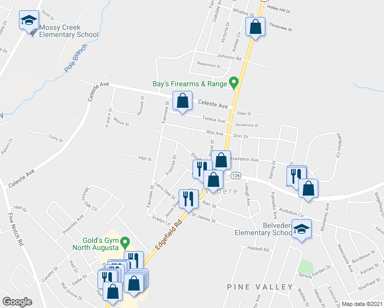 map of restaurants, bars, coffee shops, grocery stores, and more near 123 Elizabeth Avenue in North Augusta