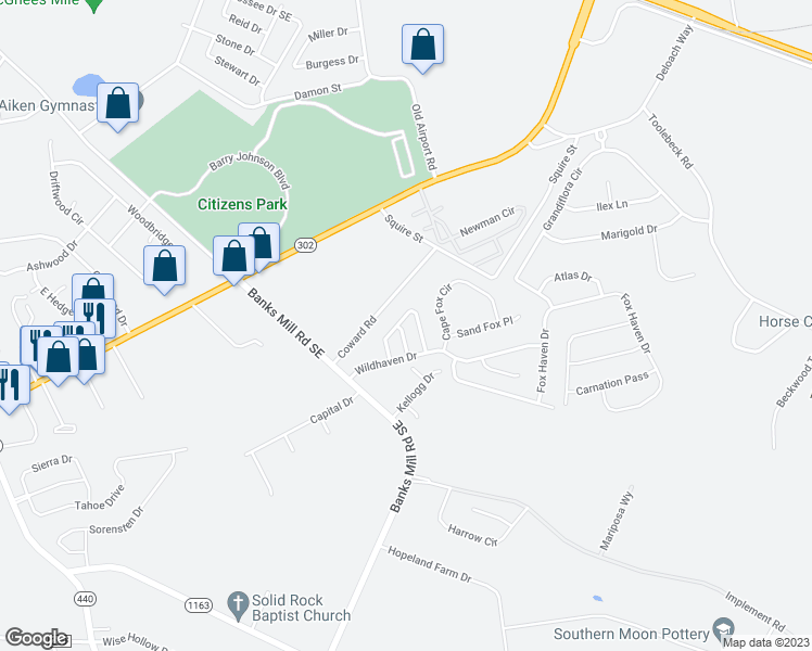 map of restaurants, bars, coffee shops, grocery stores, and more near 136 Kousa Lane in Aiken