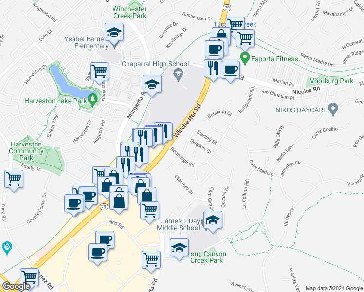 map of restaurants, bars, coffee shops, grocery stores, and more near 40165 Starling Street in Temecula