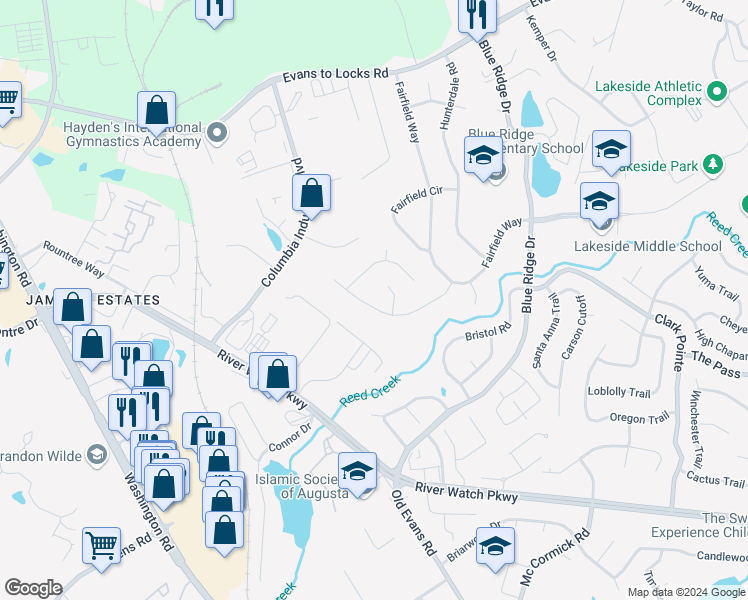 map of restaurants, bars, coffee shops, grocery stores, and more near 4173 Arlington Road in Evans