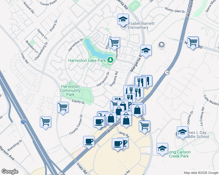 map of restaurants, bars, coffee shops, grocery stores, and more near 28939 Davenport Lane in Temecula