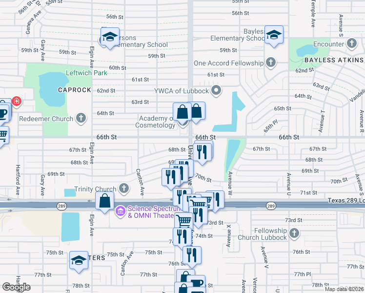map of restaurants, bars, coffee shops, grocery stores, and more near 2503 66th Street in Lubbock