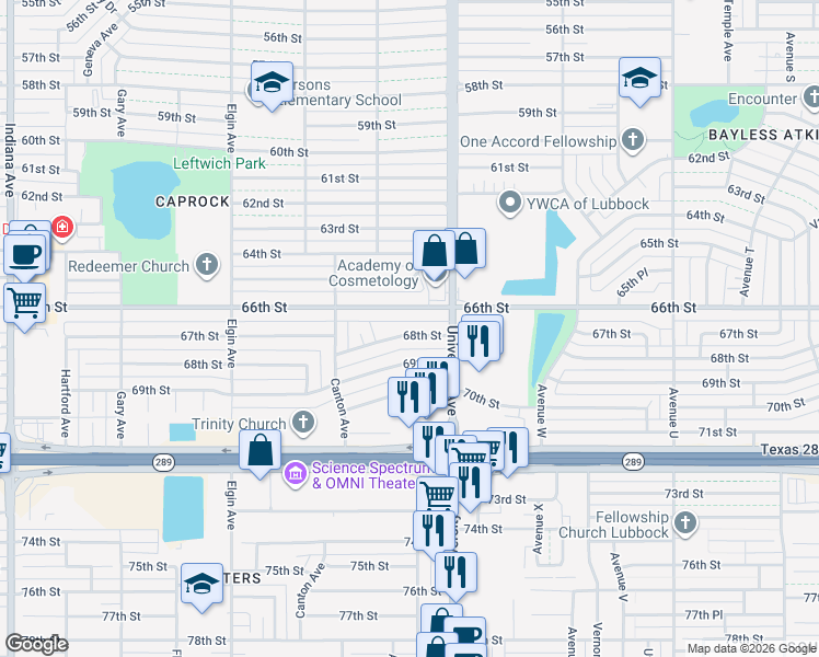 map of restaurants, bars, coffee shops, grocery stores, and more near 2711 66th Street in Lubbock